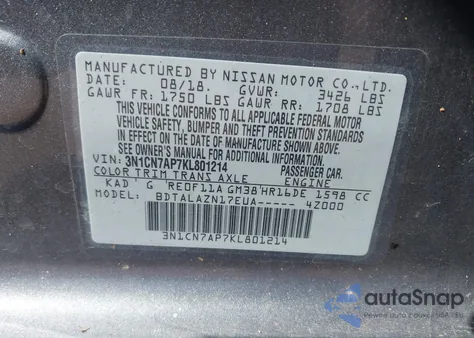 2019 Nissan Versa 1.6 S+ from USA, damaged, VIN 3N1CN7AP7KL801214